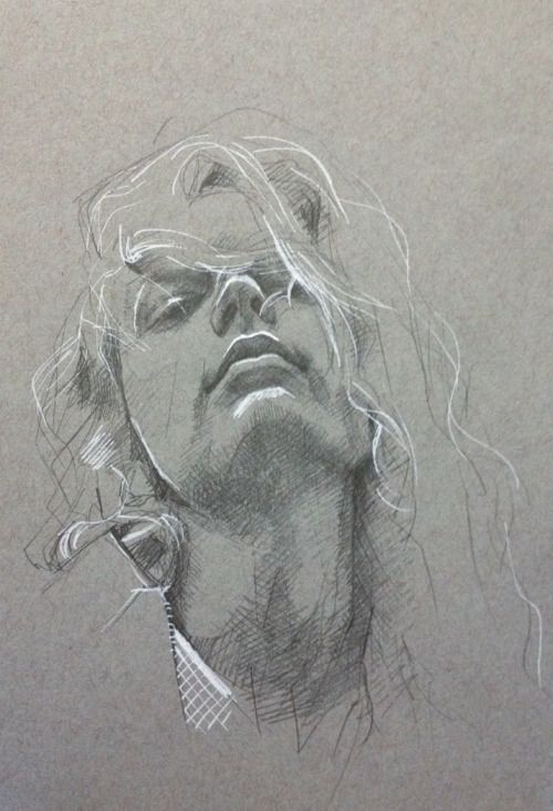 a pencil drawing of a man's head with his eyes closed and hair blowing in the wind