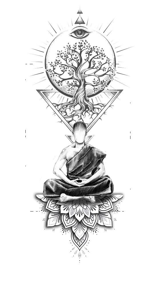 a black and white drawing of a person sitting in a lotus position with a tree on top