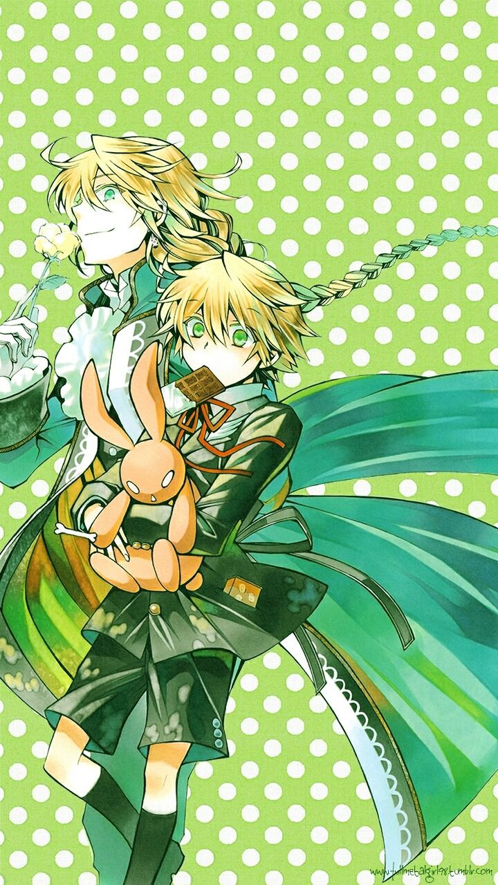 two anime characters are hugging each other in front of green and white polka dot background