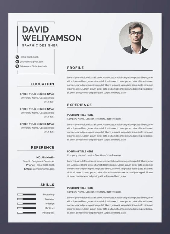 a clean and modern resume template with an image on the front, in black and white