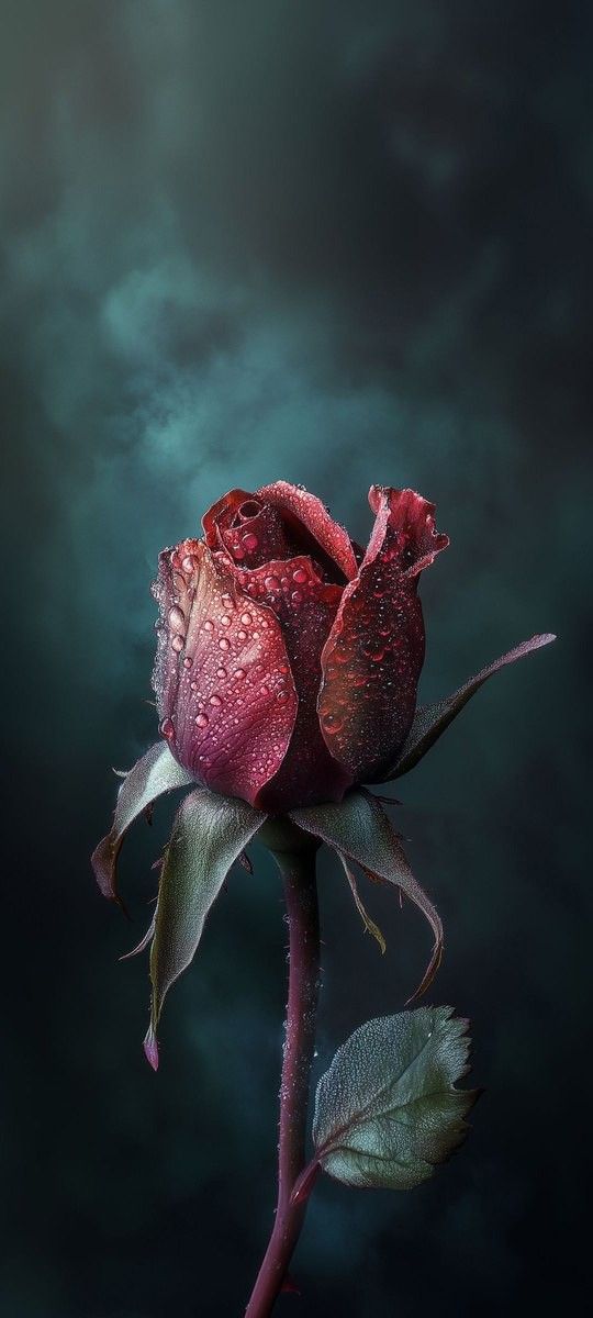 a single red rose with water droplets on it's petals, in front of a dark background