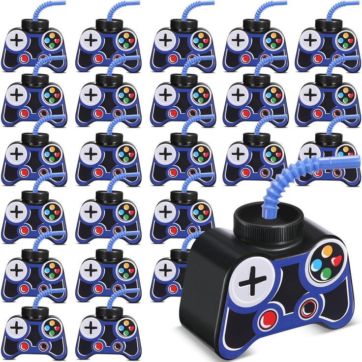 a bunch of game controllers sitting next to each other