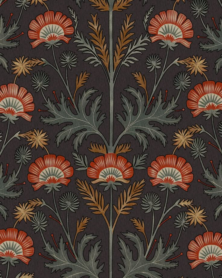 an image of a wallpaper with flowers and leaves on dark background in the style of art nouveauism