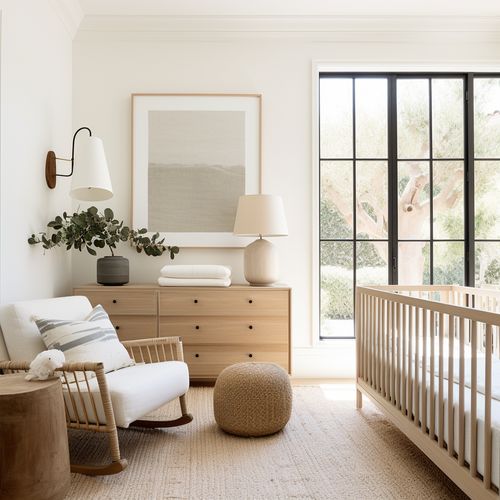 a baby's room with a crib, rocking chair and large window in it