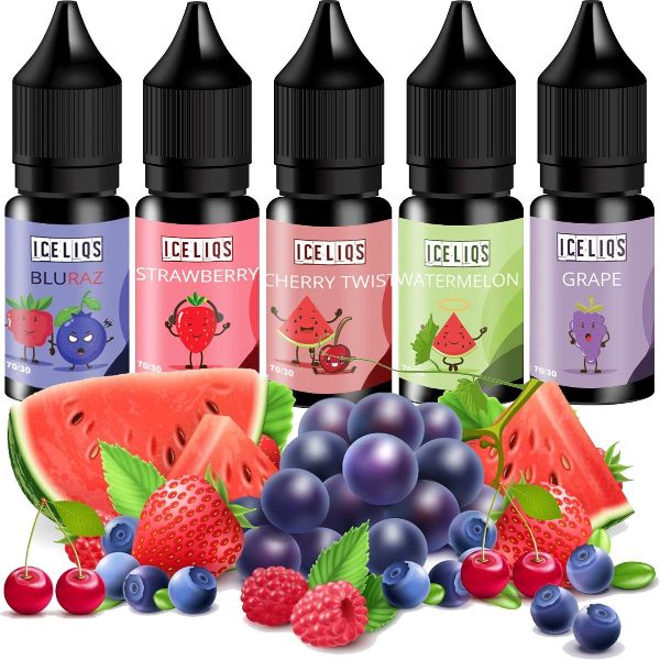 three bottles of watermelon, blueberries and raspberry flavored e - liquid