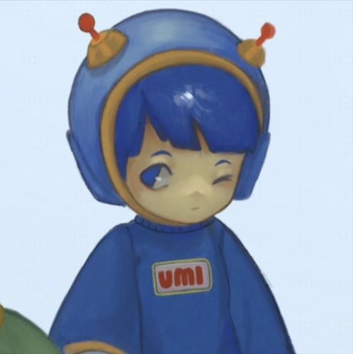 an anime character with blue hair wearing a blue outfit and holding a red object in his hand