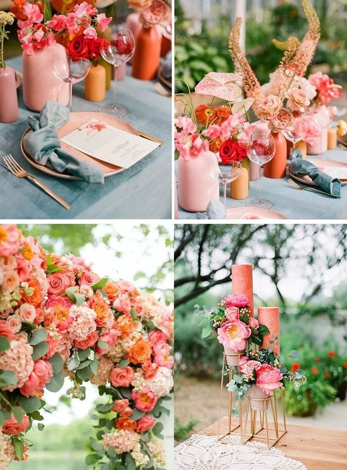 the table is set with pink and orange flowers in vases, candles, and napkins