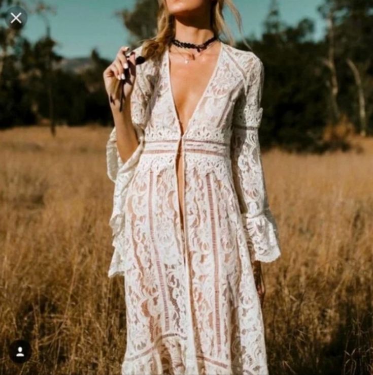 As It Turns Out, I Need A Medium So This Small Is Available! Never Worn. Open To Trades With Other Kimonos By Free People, Fillboo Etc. Open To Offers! Mother Of The Bride Dresses With Cowgirl Boots, Long Dress With Cowboy Boots Casual, Free People Set, Boho Layering, Beach Attire, Bridal Shower Dress, Lace Kimono, Bohemian Wedding Dresses, 70s Dress