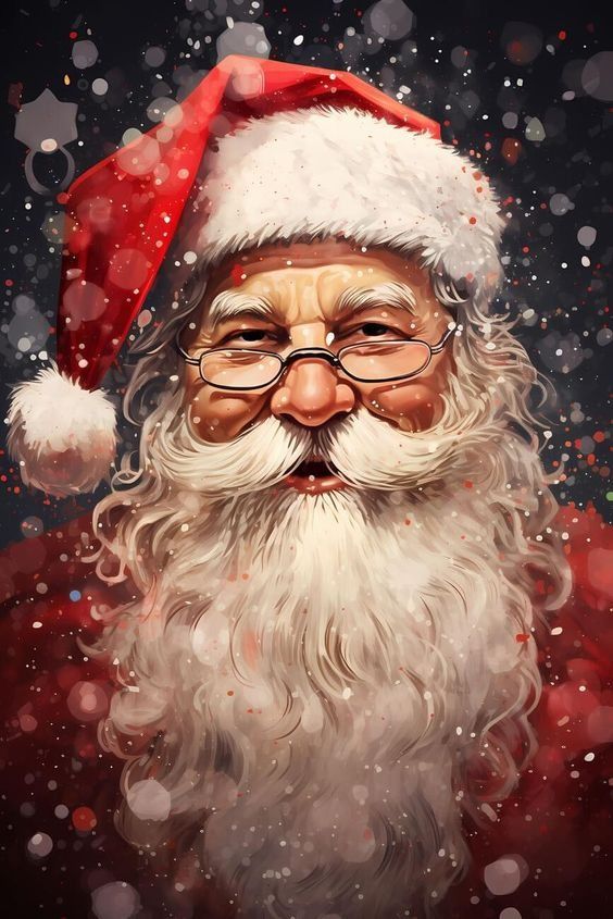 a painting of santa claus wearing glasses and a red hat with snow falling around him