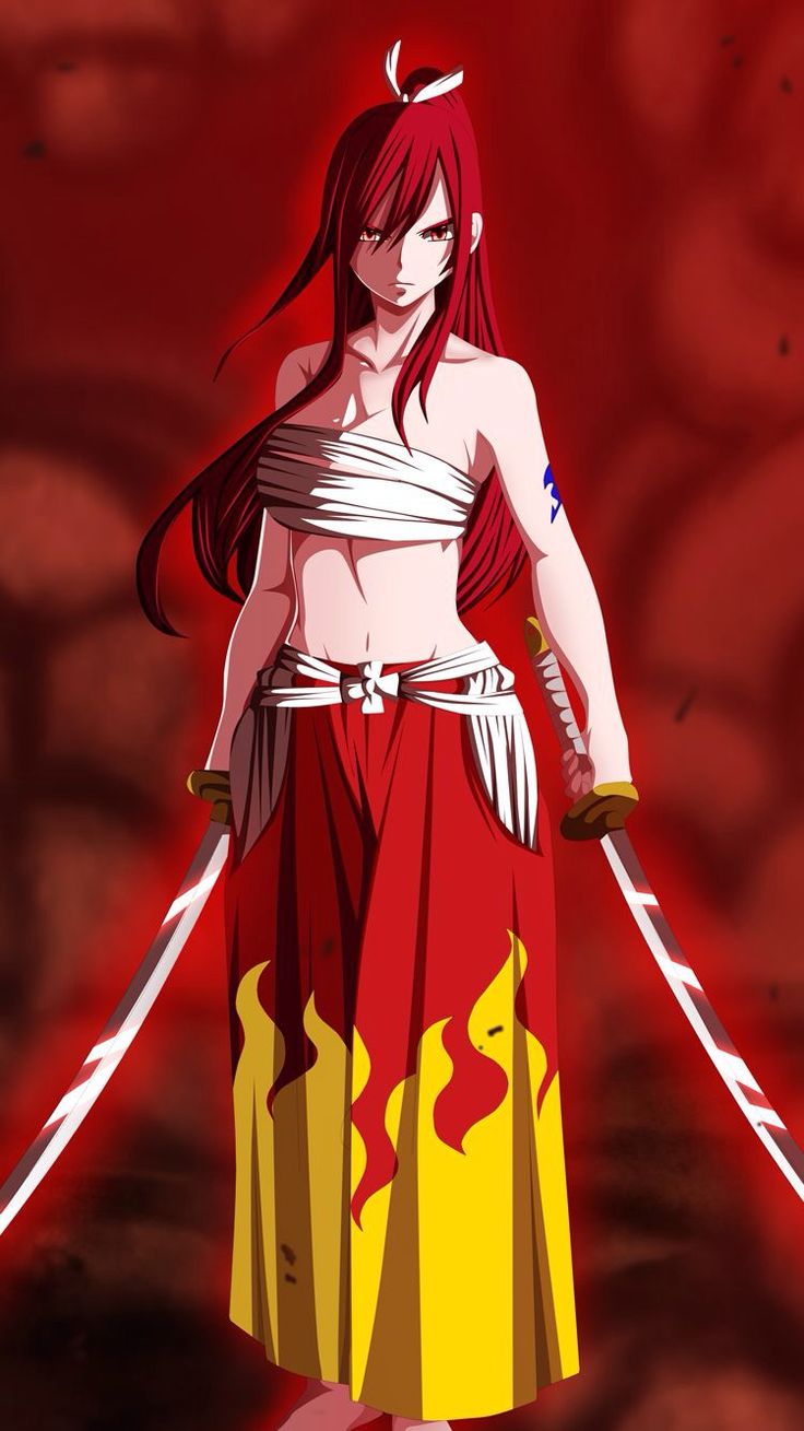 an anime character with red hair holding two swords