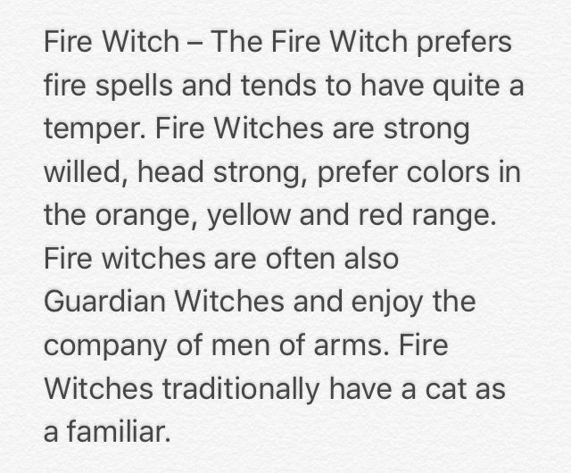 the text is written in black and white on a piece of paper that reads, fire witch - the fire witch prefers fire spells and tends to have quite a temper