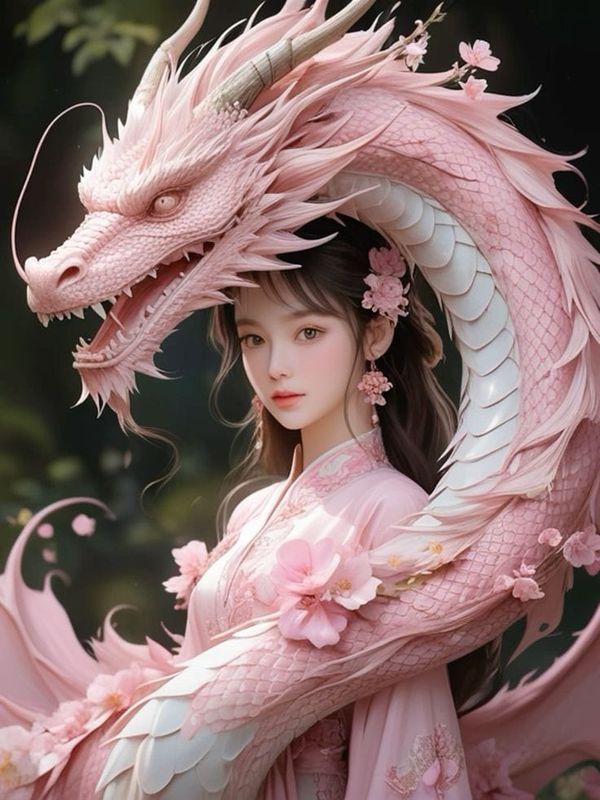 a woman in a pink dress with a dragon on her head