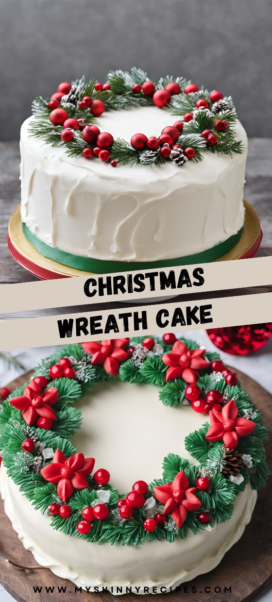 christmas wreath cake on a wooden platter with the words, christmas wreath cake above it