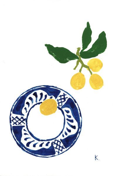 a drawing of two lemons on a blue and white plate next to a branch with green leaves