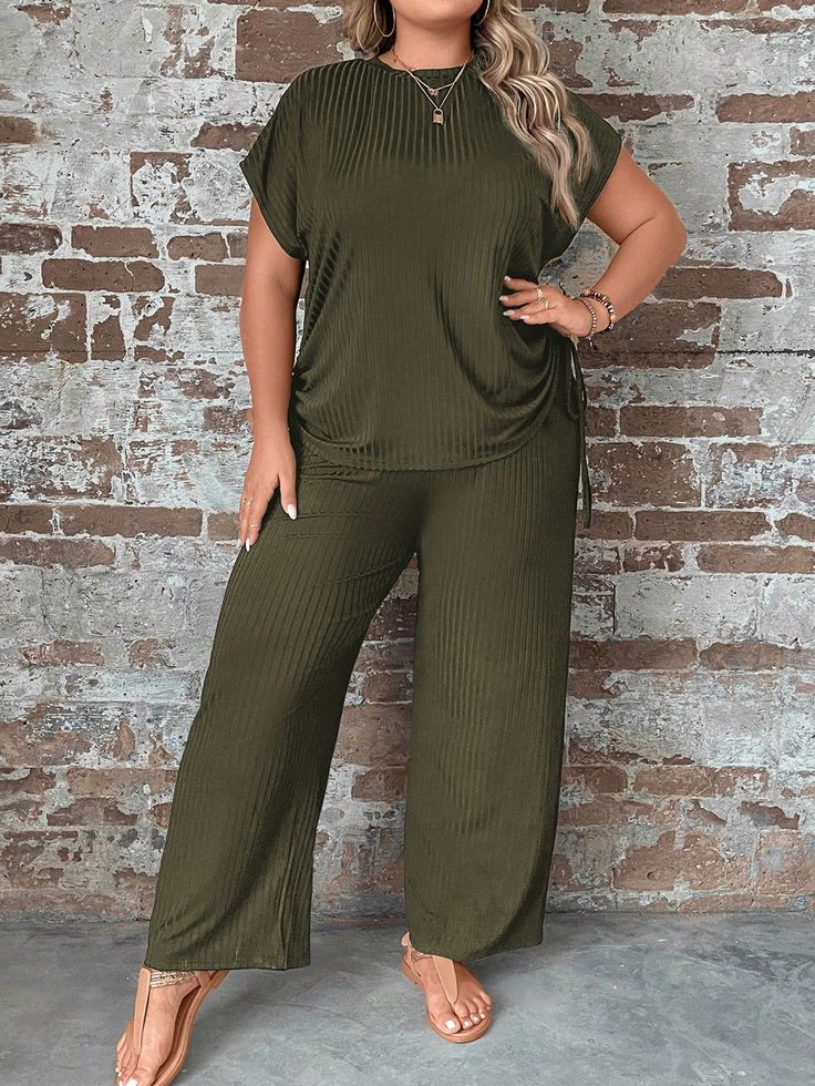 Plus Size Women's Round Neck Short Sleeve Top With Side Drawstring And Pants Two Piece Set, For Christmas Army Green Casual  Short Sleeve Knitted Fabric Plain  Medium Stretch  Women Plus Clothing, size features are:Bust: ,Length: ,Sleeve Length: