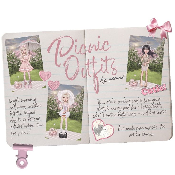 an open book with pictures of barbie dolls on the pages and pink ribbon around it