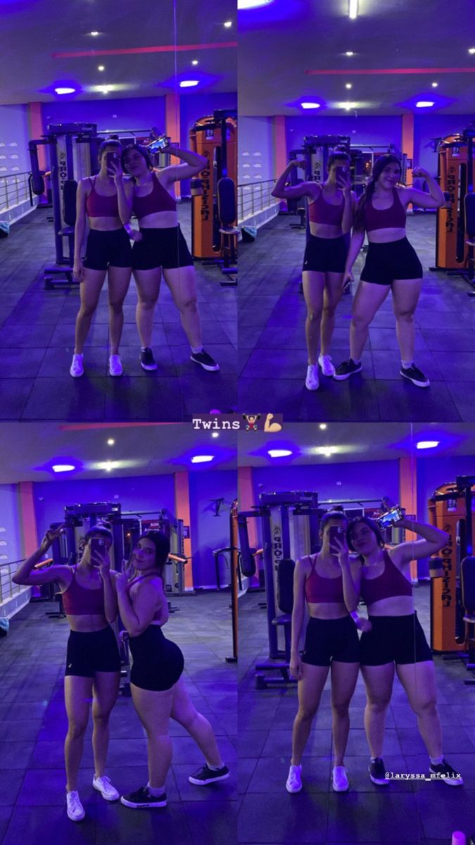 two women in black shorts and purple top doing exercises at the gym with their hands on each other's hips