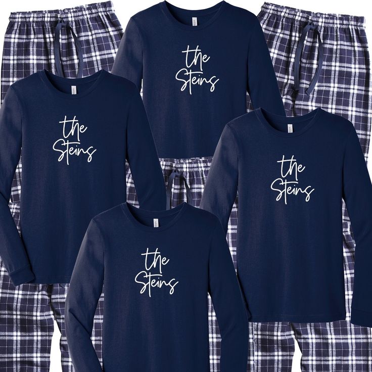 Personalized Family Name Pajamas Nothing says the holidays like matching family pajamas...say cheese! This personalized family flannel set comes with a luxe 100% cotton t-shirt in navy with matching navy-blue flannel pajama bottoms.  This cozy pajama set is so comfortable it will be your go to uniform all winter break long and perfect for any cold winter day.  Don't forget to snap your holiday photos!  These pajamas are adult unisex and 100% cotton. * 100% Cotton Flannel Bottoms and Luxe Cotton Matching Christmas Pajamas Blue Family Photos, Family Matching Letter Print Loungewear Sets, Blue Winter Onesie For Sleepover, Christmas Pjs Family Blue, Blue Letter Print Sleepwear For Loungewear, Blue Cotton Sleepwear With Letter Print, Family Matching Holiday Winter Sleepwear, Family Matching Holiday Sleepwear, Blue Cotton Christmas Sleepwear