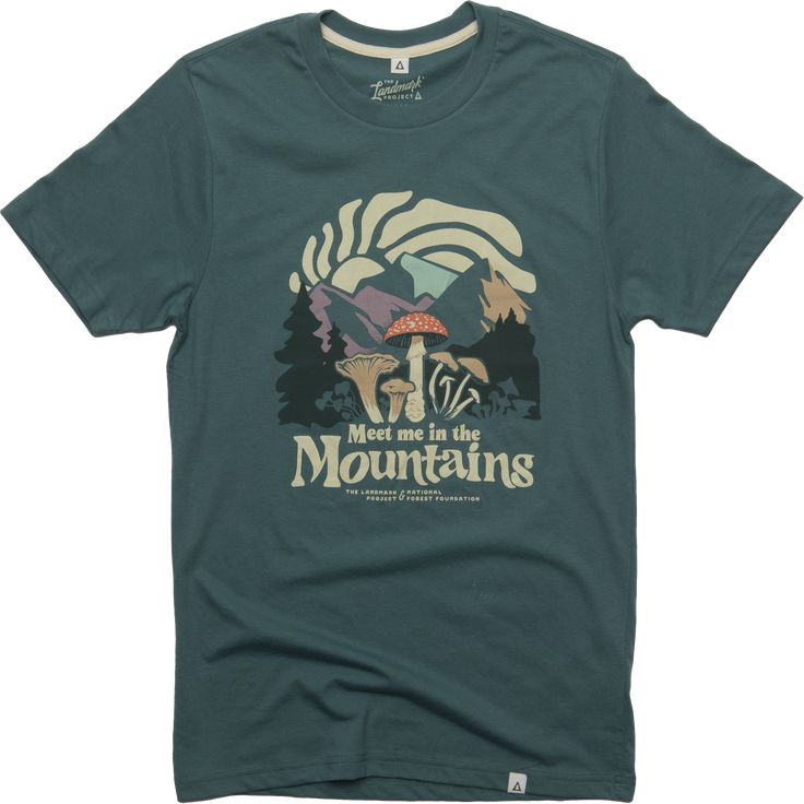 What better place to be than the mountains? The Meet Me in the Mountains tee transports you there among the trees and mushrooms. Crafted from a blend of sustainable cotton and recycled polyester, this t-shirt ensures all-day comfort and eco-friendly style. By sporting this, you’ll back the National Forest Foundation and connect with fellow nature lovers who share your passion for the great outdoors. Outdoor Green T-shirt With Graphic Print, Green Graphic Print Outdoor T-shirt, Green Graphic Print T-shirt For Outdoor, Green Screen Print Top For Adventure, Green Graphic Print T-shirt For Camping, Green Cotton T-shirt For Hiking, Green Cotton Top For Hiking, Green Graphic Tee For Hiking, Green Graphic Print T-shirt For Hiking