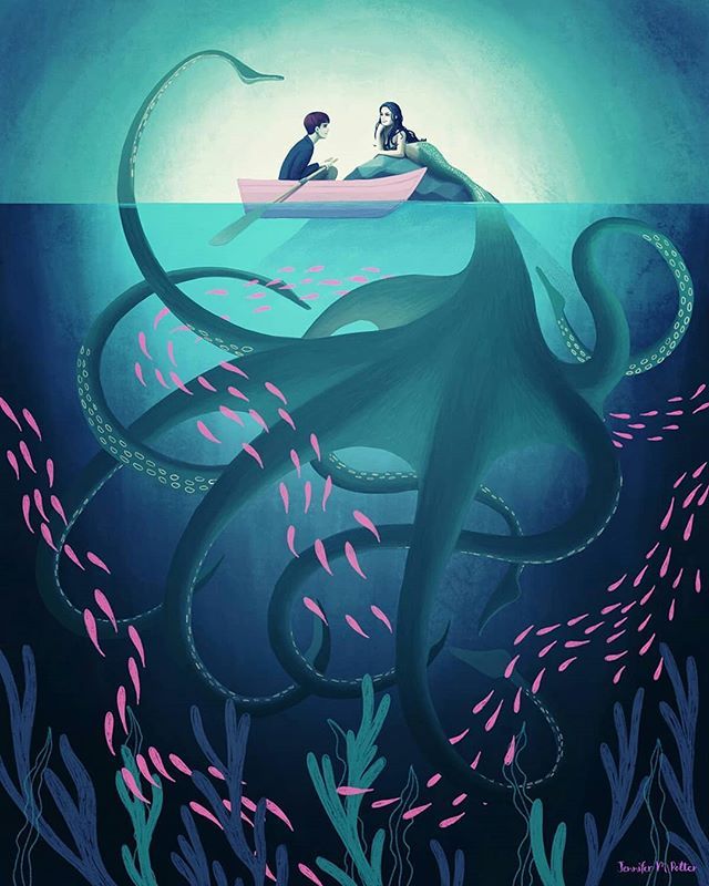 two people in a boat floating on top of an octopus