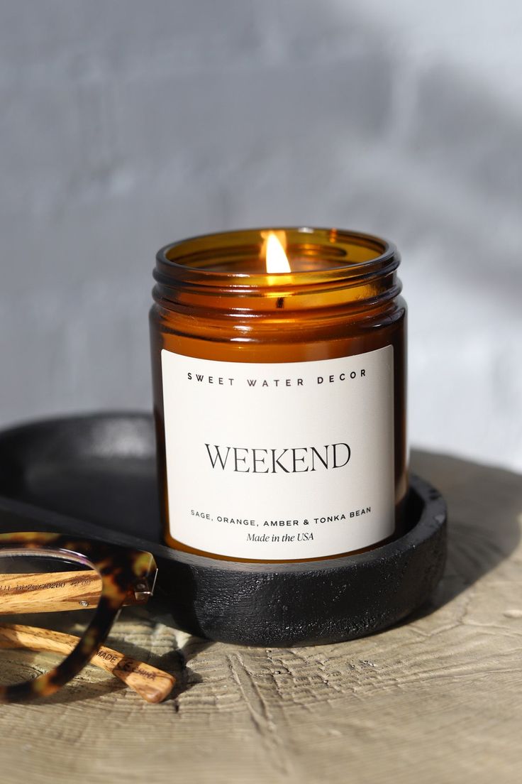 Weekend Soy Candle 9 oz. - Amber Jar Amber Candle Aesthetic, Water Decor, Amber Jar Candle, Amber Candle, Clear Labels, Sweet Water, Orange Scent, White Jar, Amber Jars