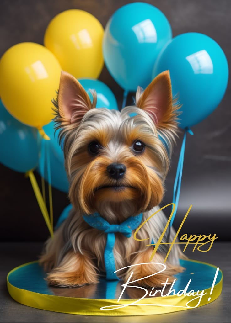 a small dog is sitting in front of balloons with the words happy birthday written on it