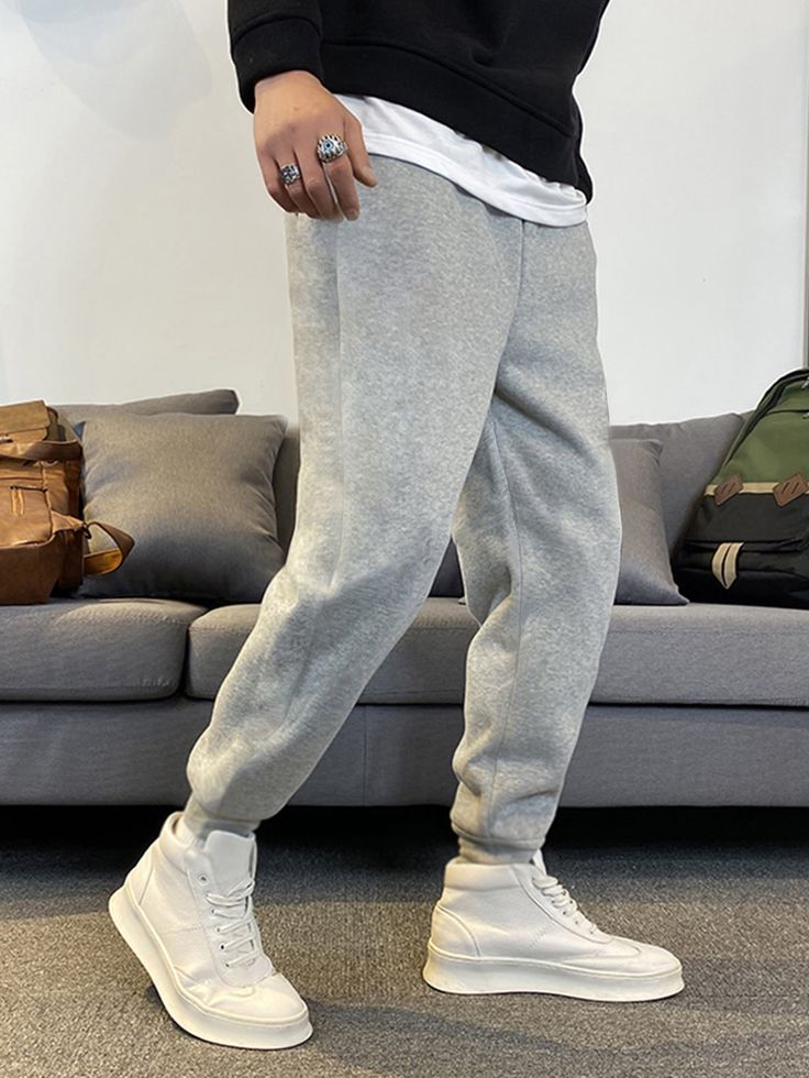 Light Grey    Polyester Plain  Embellished Slight Stretch All Men Bottoms Outfits With Grey Sweatpants, Grey Sweatpants Men, Gray Sweatpants Man, Gray Sweatpants Outfit, Grey Pants Outfit, Jogger Outfit, Prada Mens, Men Sweatpants, Mens Joggers Sweatpants