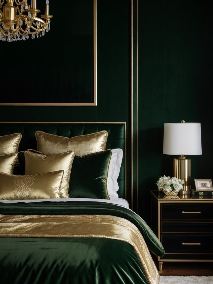 a bedroom with green walls and gold accents