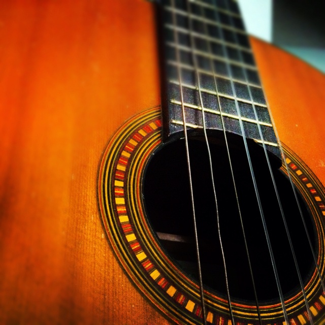 a close up of an acoustic guitar's strings and fret top, showing the humongous pattern