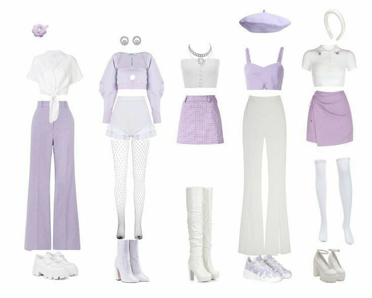 Spring Kpop Outfits, Stage Outfits Kpop Ideas Cute, 3 Member Kpop Outfits, Purple Kpop Outfits, 5 Member Stage Outfit, Kpop Stage Outfits Ideas, Korean Outfits Kpop, Kpop Stage, Pom Pom Girl