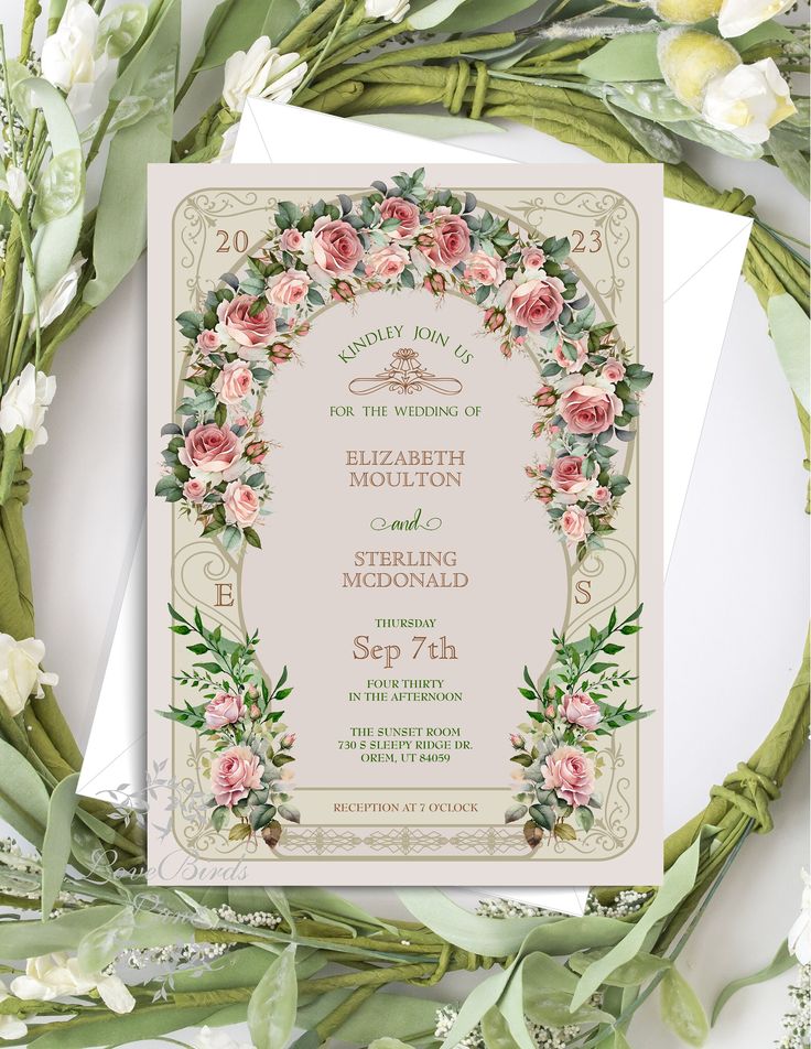 the wedding card is surrounded by flowers and greenery