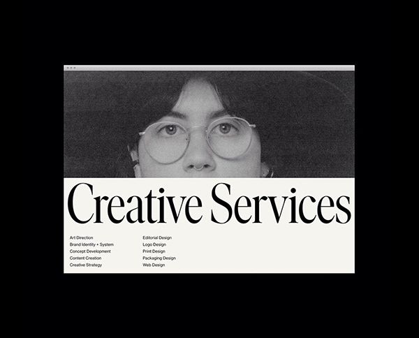 an advertisement for creative services with a woman's face and glasses on the front