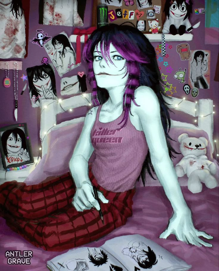 a woman with purple hair sitting on top of a bed next to a teddy bear