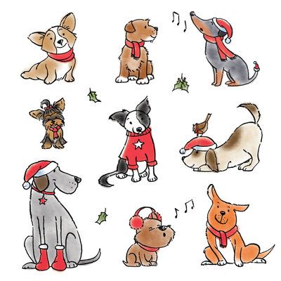 an image of dogs with christmas hats and scarfs