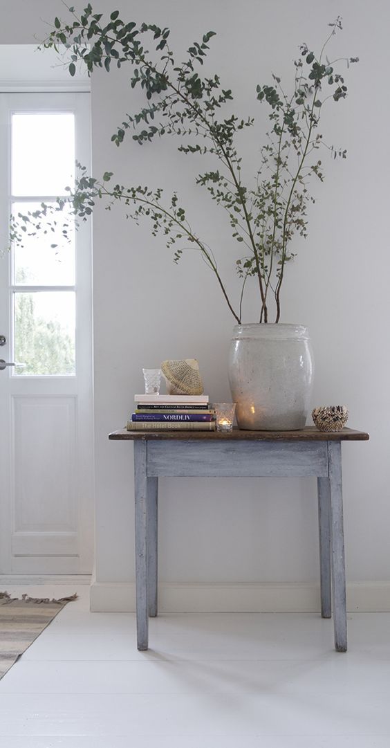 a table with books and a potted plant on it in front of a door