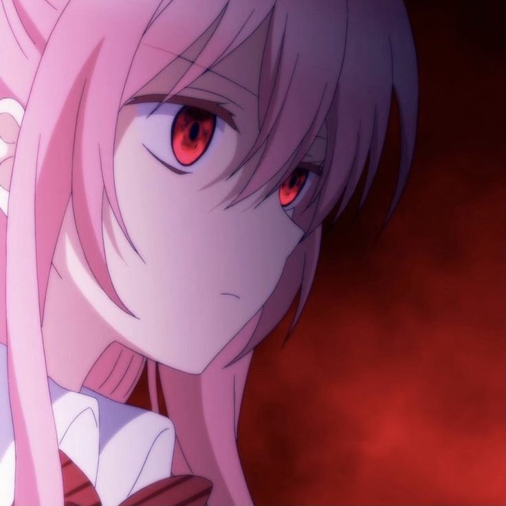 an anime character with pink hair and red eyes looks at the camera while staring into the distance