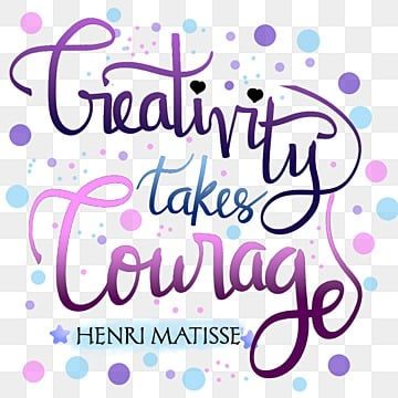 the words creativity takes courage in purple and blue colors on a white background with polka dots