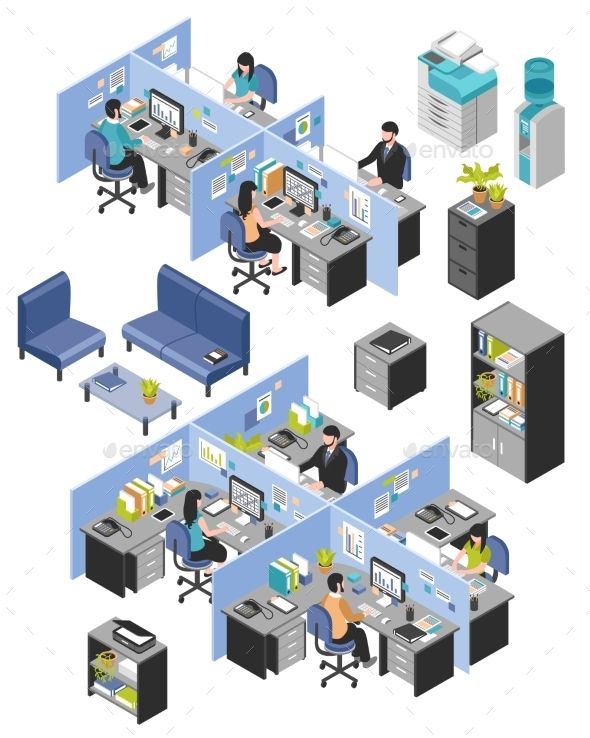 people working in an office cubicle with computers and desks - miscellaneous objects illustrations