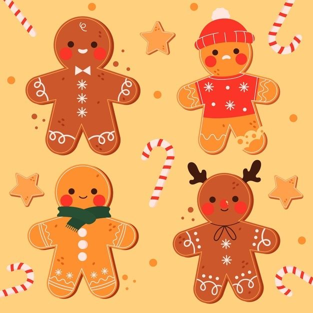 three gingerbreads with hats and scarves are on a yellow background surrounded by candy canes