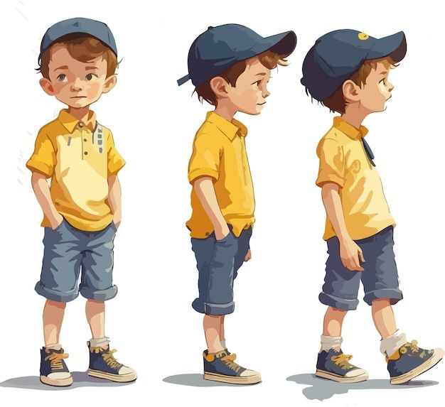 three different views of a young boy in yellow shirt and blue hat standing on one leg