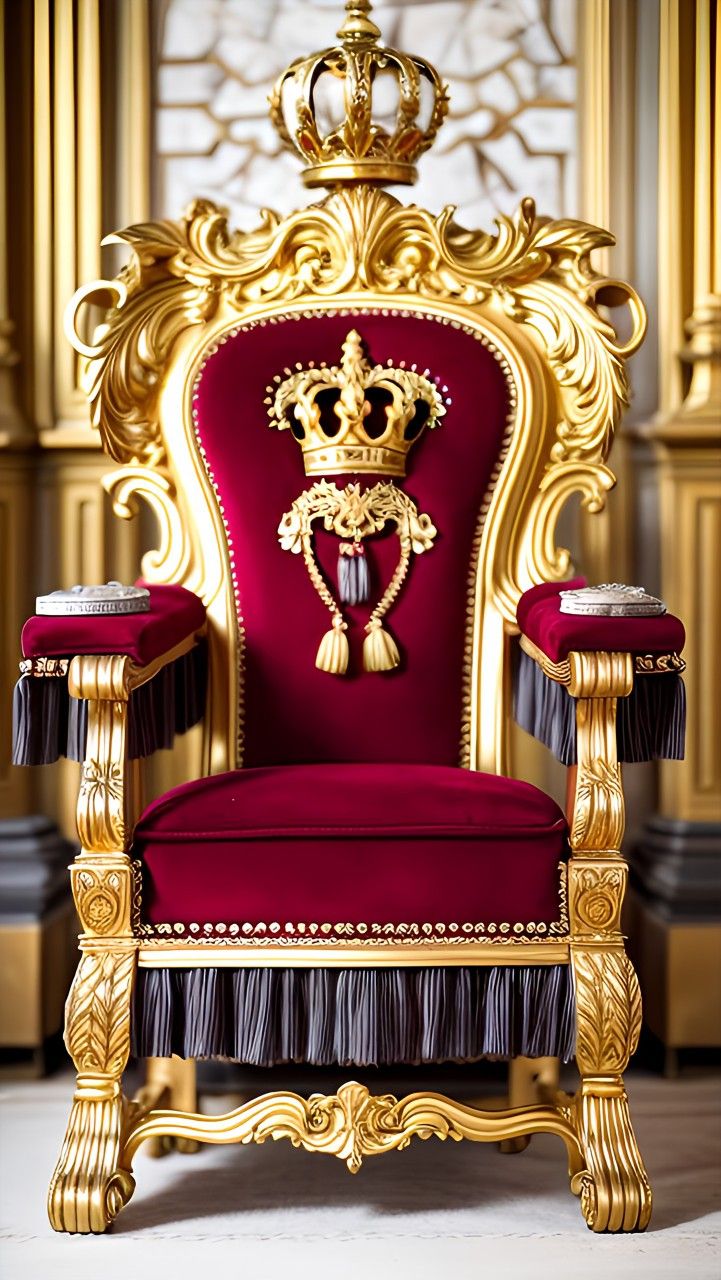 a gold and red chair with a crown on it