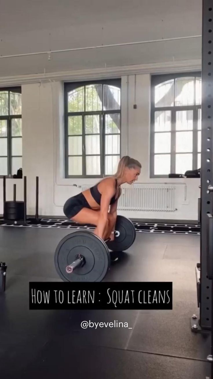 a woman squatting on a barbell in a gym with the words how to learn squat cleans