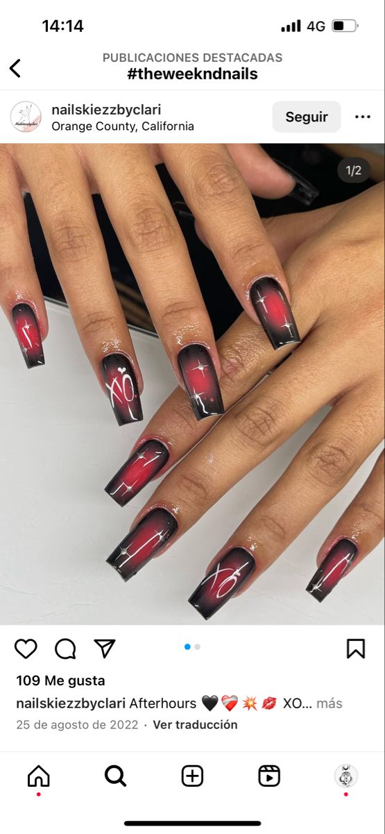 Nails Acrylic The Weeknd, 21 Savage Nails Inspiration, Xo Weeknd Nails, The Weeknd Nails Design Starboy, 21 Savage Nails, The Weeknd Nail Ideas, The Weekend Inspired Nails, The Weeknd Themed Nails, Partynextdoor Nails