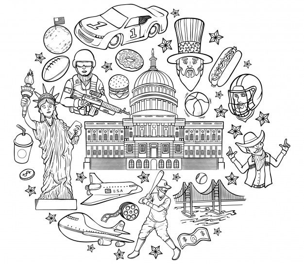 an outline drawing of the united states with famous landmarks and symbols surrounding it in black and white