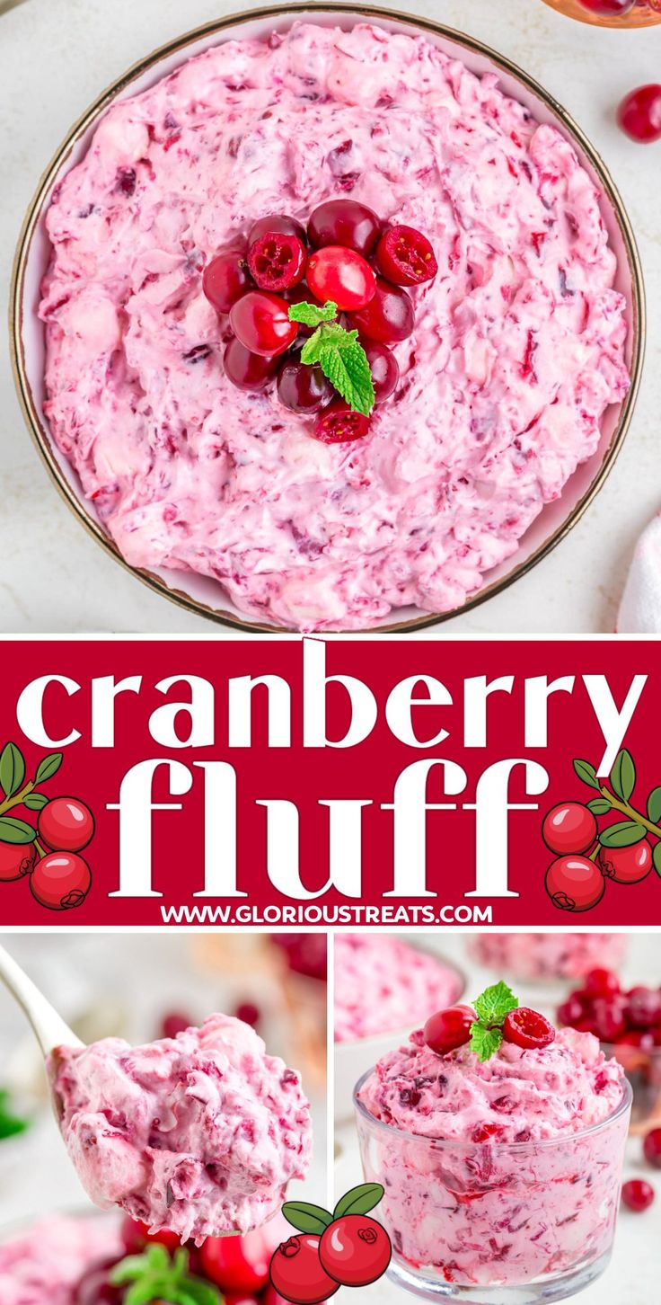 cranberry fluff in a bowl with cherries on top