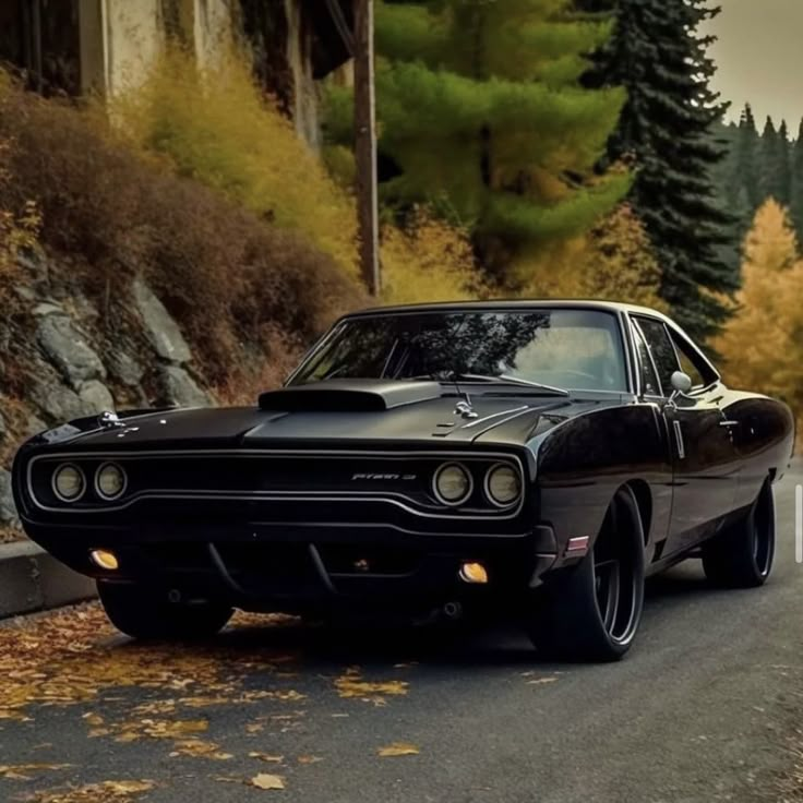 an old muscle car parked on the side of the road