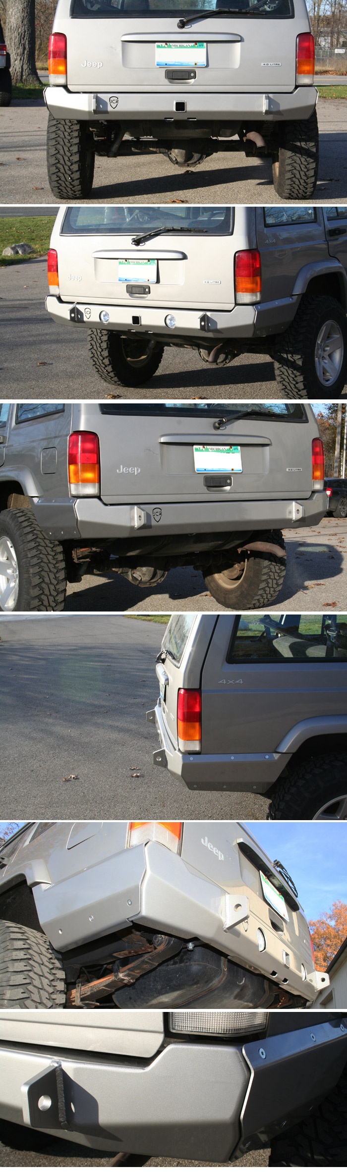 four different pictures of the back end of a silver truck