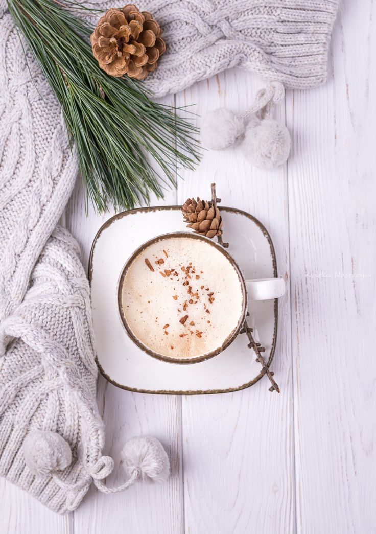 a cup of cappuccino on a saucer next to a pine cone