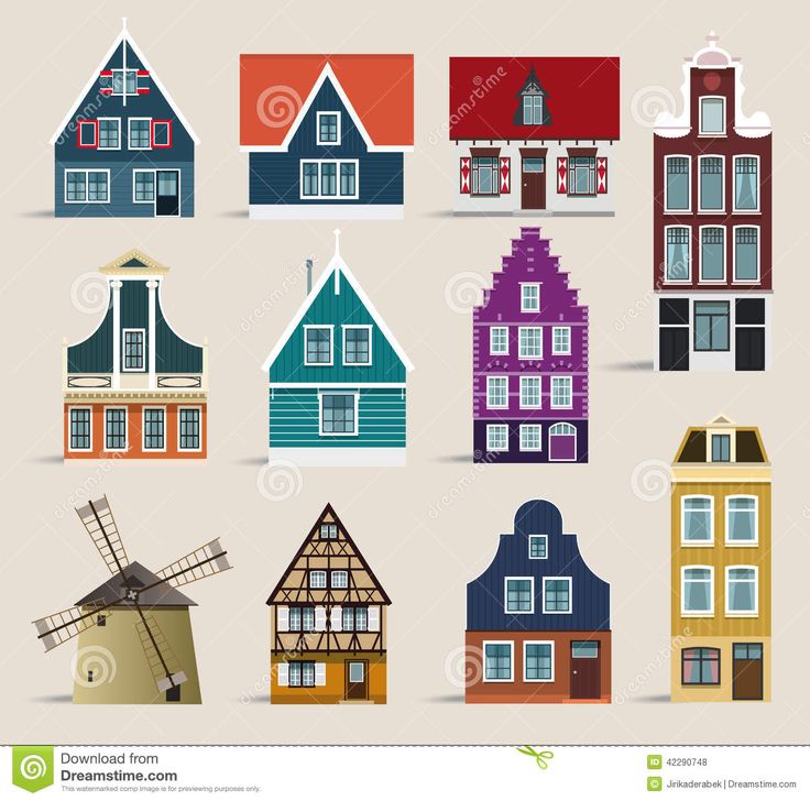 a set of different houses with windmills on the roof and windows, all in different colors