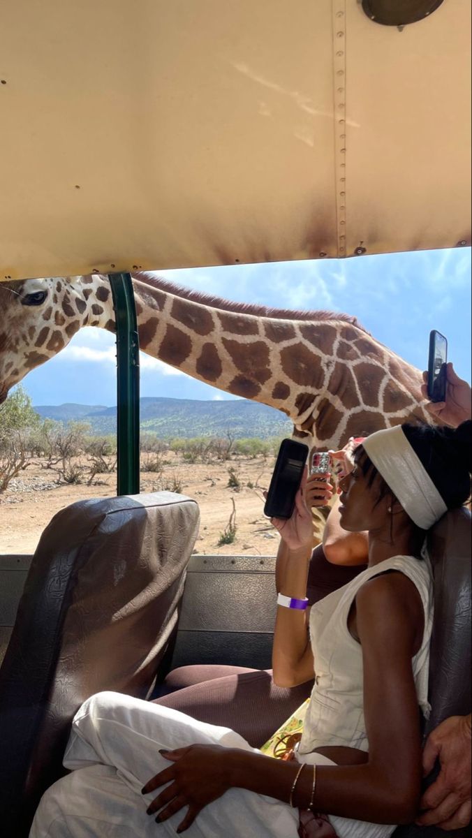 a giraffe standing next to a woman in a white dress on a bus